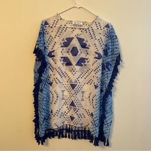 Cupshe Women's Tassels Boho Geometric White & Blue Bathing Suit Cover Up - OS